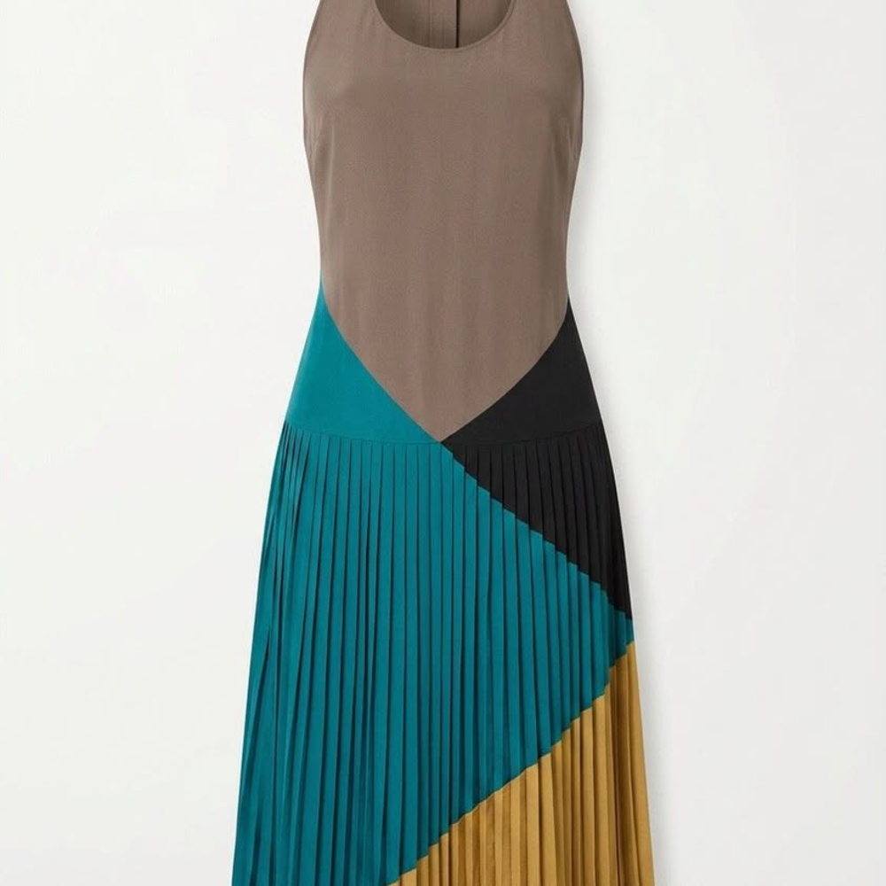 Polyester halter dress, Vince Camuto, NEW with tags, colorblock pleated dress, S